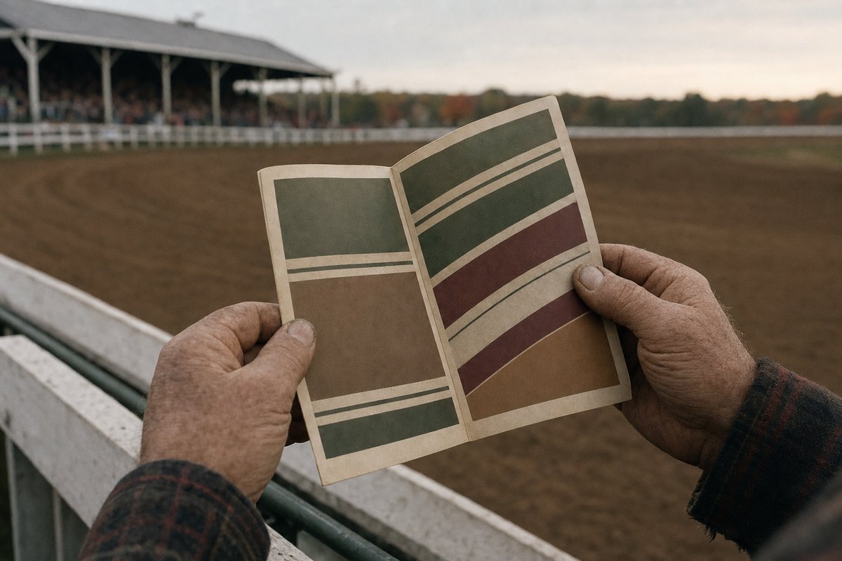 A folded race programme held open at the rail, the dirt oval and grandstand out of focus behind it