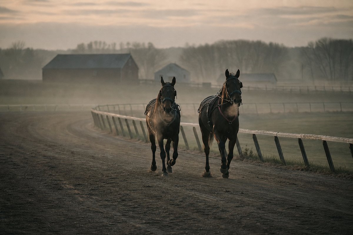 Two standardbred horses jogging the wrong way of an empty dirt track in early-morning mist