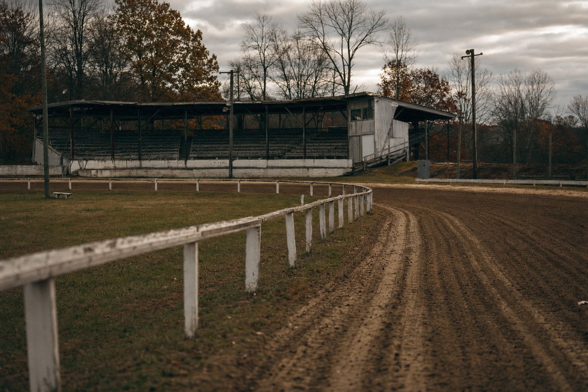 A five-eighths-mile dirt racing oval with a low timber grandstand along the homestretch
